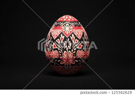 Ukrainian pysanka Easter egg features intricate patterns against dark background 125562629