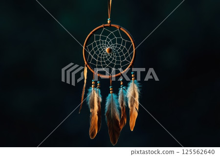 Beautiful dreamcatcher with intricate feathers and beads against a dark atmospheric background 125562640