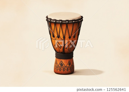 Illustration of a hand carved South African djembe drum displaying rich tribal designs 125562641