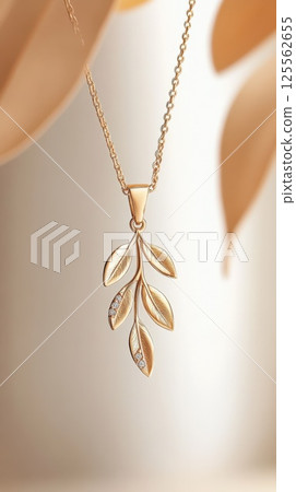 Gold pendant designed as a delicate branch with diamond accents on a light background 125562655