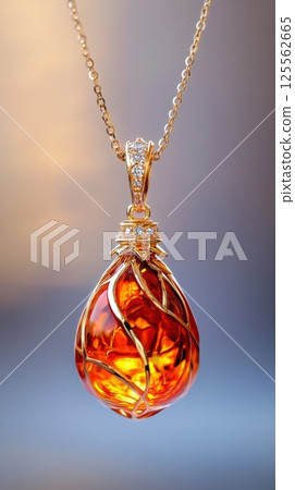Intricately carved amber pendant in gold setting on delicate chain against warm background 125562665