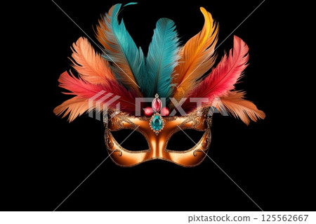 Brightly colored Brazilian carnival mask with feathers and gems on dark background Brightly colored Brazilian carnival mask with feathers and gems on dark background 125562667