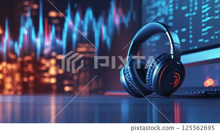 Professional headphones are placed on a desk in front of a computer displaying music production software, with a blurred cityscape in the background suggesting a late night recording session 125562695