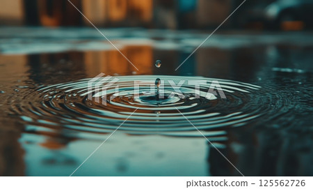 Close up of a water droplet impacting a puddle's surface, creating mesmerizing concentric ripples that expand outwards, reflecting the surrounding environment in a distorted manner 125562726