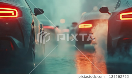 Luxury cars caught in heavy traffic during a rainy rush hour create a frustrating and slow commute for drivers navigating the congested city streets 125562733