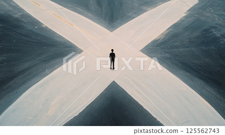 Businessman standing at a crossroads, contemplating different paths, symbolizing choices, decisions, opportunities, and the fear of better options - fobo - Businessman standing at a crossroads, contemplating different paths, symbolizing choices, decisions, opportunities, and the fear of better options - fobo - 125562743