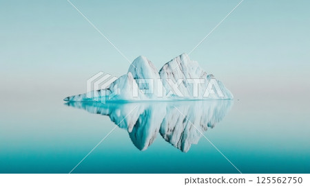 Large iceberg floating in turquoise ocean water with its reflection visible on the surface under a clear sky creating a tranquil polar landscape 125562750