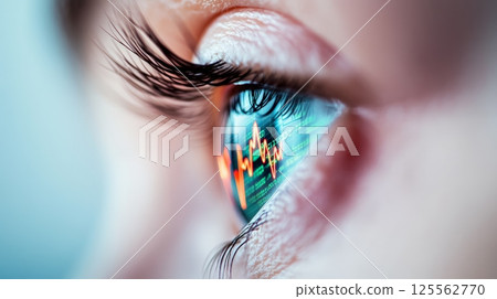Close up of an eye with stock market data reflected on the iris, showcasing the intersection of finance, technology, and human vision in a futuristic context 125562770