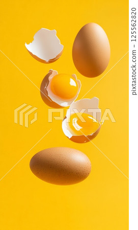 Two whole brown eggs and two broken eggs with visible yolks are levitating against a vibrant yellow backdrop, creating a visually striking image with a focus on contrasting colors and textures 125562820
