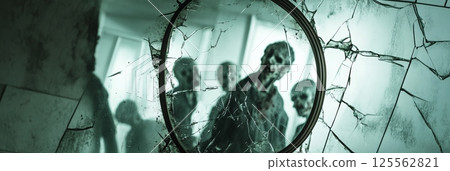 Depicting a post apocalyptic scenario where zombies are seen through a broken mirror, conveying themes of horror, survival, and a world overrun by the undead 125562821