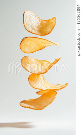 Thinly sliced and perfectly fried potato chips gracefully levitate against a minimalist light backdrop, creating a visually appealing display of this popular snack 125562894