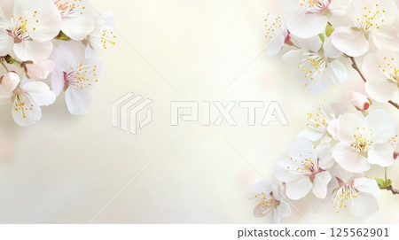 Beautiful white spring flowers create a delicate frame on a soft, creamy background, offering ample copy space for text or design elements, evoking a sense of freshness and renewal 125562901
