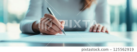 Close up view of a female hand holding a pen and signing a document or contract on a desk in an office setting, surrounded by a softly blurred background 125562919