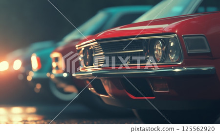 Classic cars parked in a row, with a red car in the foreground and blurred cars in the background, creating a sense of depth and nostalgia for vintage automobiles 125562920