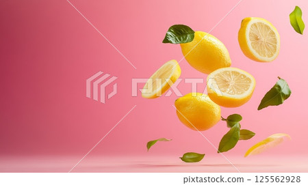 Whole and sliced fresh yellow lemons with green leaves are levitating on a vibrant pink background, creating a dynamic and refreshing visual 125562928