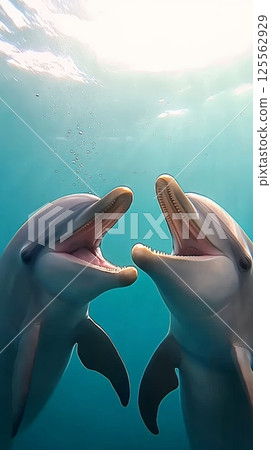 Two dolphins smiling underwater with mouths open create a playful and friendly atmosphere in the clear, turquoise water, surrounded by bubbles and sunlight 125562929