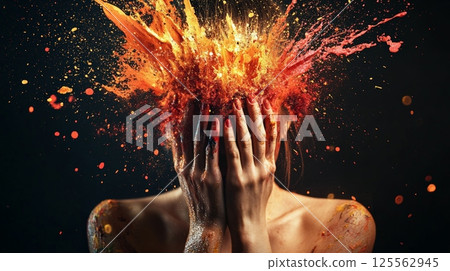 Woman covering her face with hands while experiencing a mental breakdown, with vibrant colors exploding from her head, symbolizing stress and information overload Woman covering her face with hands while experiencing a mental breakdown, with vibrant colors exploding from her head, symbolizing stress and information overload 125562945
