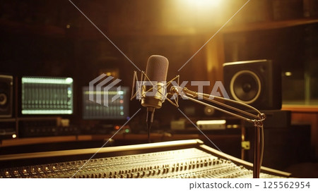 Condenser microphone is recording a song in a professional music studio with audio equipment, mixing console, monitors and speakers for sound production 125562954