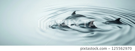 Three dolphins are swimming just below the surface of calm water, creating ripples and splashing drops, in a tranquil and serene atmosphere 125562970