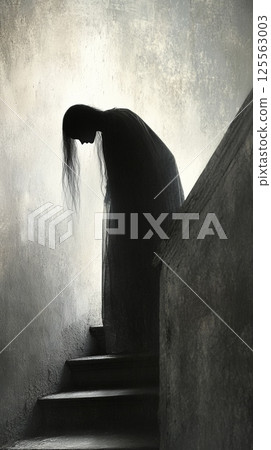 Silhouette of a ghostly figure with long hair descending an old, dark staircase in a haunted house, creating a spooky and mysterious atmosphere Silhouette of a ghostly figure with long hair descending an old, dark staircase in a haunted house, creating a spooky and mysterious atmosphere 125563003