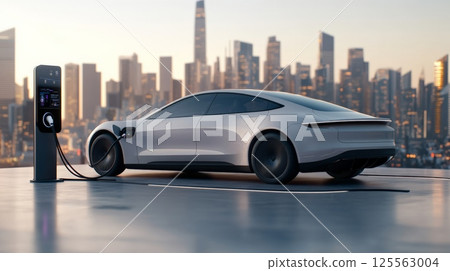 Sleek and modern electric car charging at a public station with a futuristic cityscape backdrop, symbolizing sustainable urban transportation and the future of mobility 125563004