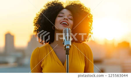 Afro haired woman singer captivating audiences while performing live music with a vintage microphone on a rooftop at sunset, showcasing a stunning city skyline in the background 125563044