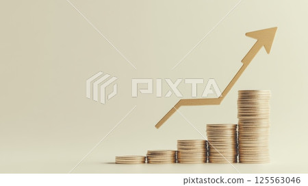 Stacks of gold coins with upward arrow demonstrating increasing profits, financial success, and positive investment trends in the global economy Stacks of gold coins with upward arrow demonstrating increasing profits, financial success, and positive investment trends in the global economy 125563046