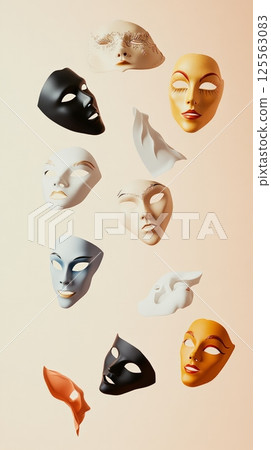 Variety of colorful and elegant theater masks levitating on a pastel background, representing different emotions and characters, creating a surreal and artistic atmosphere 125563083