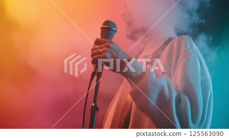 Singer holding a microphone and captivating the audience while performing live on stage, surrounded by vibrant orange and blue smoke that enhances the artistic atmosphere 125563090