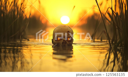 Creepy, glowing skull rising from dark swamp water, illuminated by the setting sun in the background, creates a spooky and ominous atmosphere filled with horror and mystery 125563135