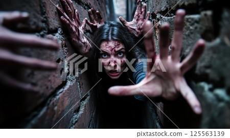 Terrifying, blood covered zombie woman is trapped in a narrow alleyway, her hands reaching out as if seeking help or escape during a post apocalyptic scenario Terrifying, blood covered zombie woman is trapped in a narrow alleyway, her hands reaching out as if seeking help or escape during a post apocalyptic scenario 125563139