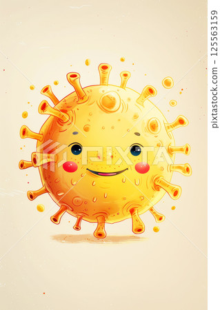 Cute cartoon-style virus with a smiling face. AI generation 125563159