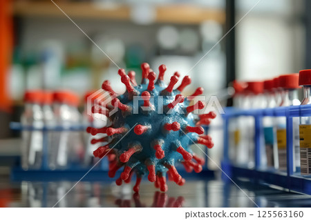 Virus model in a laboratory setting with scientific equipment. AI generation 125563160