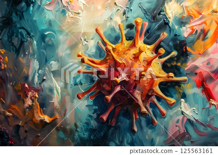 Abstract oil painting of a virus structure with vibrant colors. AI generation 125563161