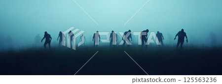 Silhouetted zombies trudging through tall grass in a fog laden field at night, crafting a chilling and unsettling atmosphere filled with dread and impending doom 125563236