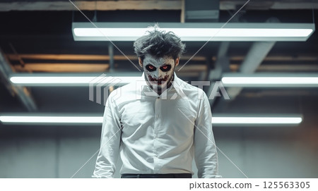 Office worker transformed into a terrifying zombie, embodying the horror of a post apocalyptic scenario where the workplace becomes a scene of decay and fear 125563305