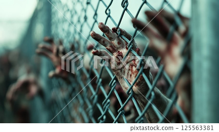 Gory, bloody zombie hands reaching through a chain link fence in a post apocalyptic setting, evoking themes of horror, survival, and the undead 125563381