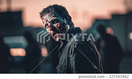 Aggressive, infected zombie roaming in a post apocalyptic city at dusk, during a zombie apocalypse or outbreak, with other blurred zombies in the background 125563402