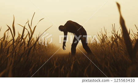 Spooky undead creature walking in a cornfield during a foggy sunset in a post apocalyptic scenario, creating a dramatic and eerie atmosphere 125563410