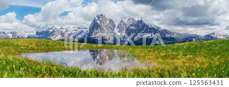 Majestic alpine landscape with snow-capped mountains and reflection in tranquil lake scene near Valley of Funes at Dolomites, Italy Majestic alpine landscape with snow-capped mountains and reflection in tranquil lake scene near Valley of Funes at Dolomites, Italy 125563431