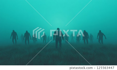 Zombies wandering through a foggy field at night, creating a chilling, eerie atmosphere filled with suspense and horror. Shadows loom as the undead move in haunting silence 125563447