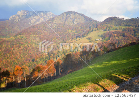 Picturesque alpine autumn countryside landscape, mountain hills in Lombardy, Italy. Tourist adventure, colorful scene 125563457