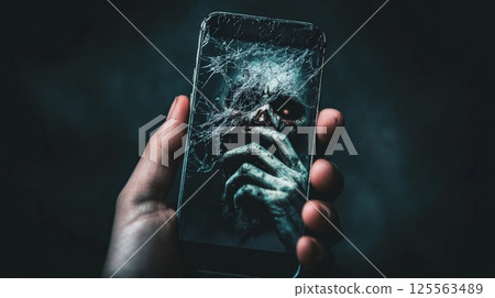 Hand holding a cracked smartphone displaying a terrifying zombie, suggesting themes of technology, horror, and a potential apocalypse or virtual threat 125563489