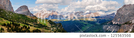 Majestic mountain landscape with scenic valley and snow-capped peaks near Valley of Funes at Dolomites, Italy Majestic mountain landscape with scenic valley and snow-capped peaks near Valley of Funes at Dolomites, Italy 125563508