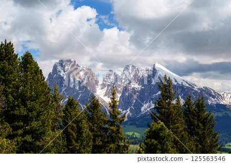Majestic mountain landscape with snow-capped peaks and evergreen forest near Valley of Funes at Dolomites, Italy 125563546
