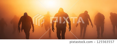 Creepy undead figures approaching menacingly during an apocalypse, shrouded in fog against a haunting orange background, with a dim sun casting eerie shadows on the scene 125563557