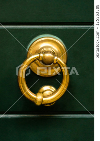 Close-up of Brass Door Knocker on Dark Green Door 125563589