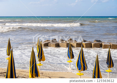 Closed beach umbrellas on sandy shore by the sea 125563612