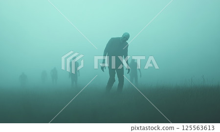 Group of zombies walking in foggy field during the apocalypse, creating a spooky and eerie atmosphere, symbolizing danger and the end of civilization 125563613