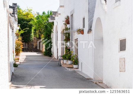Quiet narrow street with plants and white houses in Alberobello, Italy Quiet narrow street with plants and white houses in Alberobello, Italy 125563651